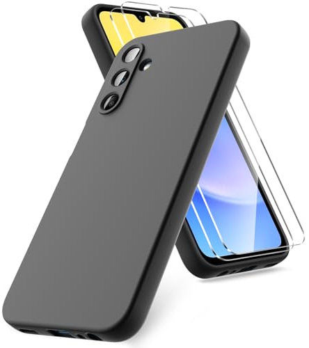 Vansdon Funda Compatible con Samsung Galaxy A15 4G/5G, 2 Unidades Protector Pantalla Cristal Templado, Silicona Líquida Gel Ultra Suave Funda- Negro