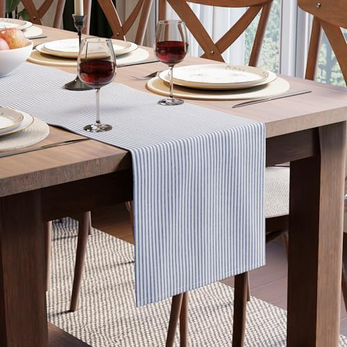 Encasa XO Cotton Dining Table Runner, Checks & Stripes 32x240 cm Blue | Heavy 200 GSM Woven Fabric | Reusable & Machine Washable | Colorfast & Non-Fade | Fits 8 seater