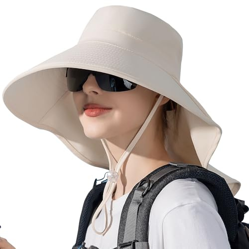 WANYI Chapeau de Soleil Femmes Anti UV Chapeau d'été avec Trou pour Queue de Cheval 12cm à Large Bord Safari Casquette pour Randonnée, Voyage, Pêche, Camping 55-60CM（Beige）