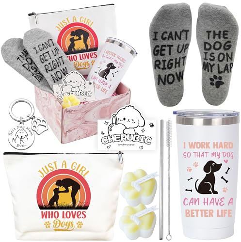 Dog Lovers Gift for Women, Dog Mum Birthday Gift Basket with Travel Tumbler | Makeup Bag Keychain Paw Candle Gift Set, Relaxing Pet Lover Present for Best Friend Sister Mum