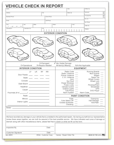 Vehicle Check-in Form Pad - 8.5 x 11 Auto Condition & Damage Report - 2-Part Carbonless Service Intake Sheet for Car Dealerships, Repair Shops & Mechanics, White/Canary - Pack of 300 Forms