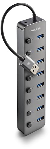 NGS IHUB 8 - Hub USB 3.0 con 8 Puertos, Interruptores Independientes, Alta Velocidad 5 Gbps, Compatible con PC y Mac, Incluye Adaptador de Corriente 5V/3A, Diseño Portátil y Compacto