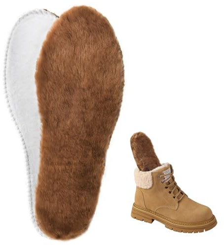 ISQFIQ Warm Sheepkin Insoles, Real Wool Innersoles for Men Women, Fleece Thermal Fur Insoles, Thick Lambswool Inner Soles for Boot, Wellington, Slippers (Brown, UK 7)
