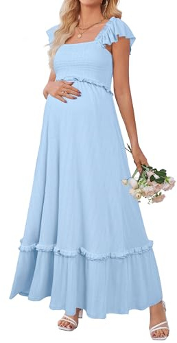 OUGES Womens 2026 Summer Maternity Baby Shower Dress Casual Boho Maxi Smocked Maternity Photoshoot Dresses Ruffle Sleeve Square Neck Gender Reveal Dress Pregnancy Must Have Clothes (Sky Blue,XXL)