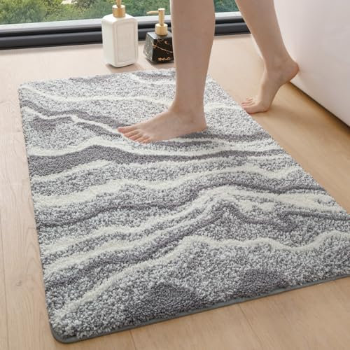 DEXI Bath Mat 44 x 76 cm, Washable Bathroom Mats with Non Slip Backing, Quick Dry Absorbent Floor Rugs, Grey
