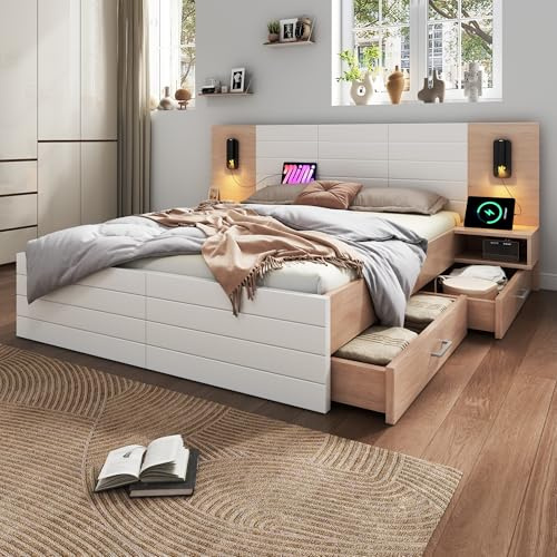 OOIILLEE Lit 160x200 avec sommier LED et USB, Lit Double en Bois avec 2 tiroirs et 2 Tables de Chevet, avec tête de lit et à Lattes, Cadre de 160x200 en Chêne Blanc(sans Matelas)