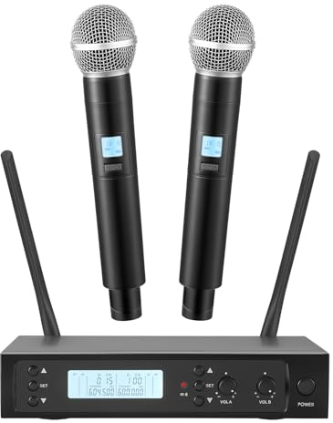 Boeska Wireless Microphones System with 2 X 100 Channels Cordless Handheld Microphone, 328 FT UHF Range, Mics with Stable Signal Transmission for Karaoke Singing Party Church Wedding PA Speaker