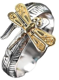 IMINI Anillo ajustable de libélula vintage, anillo de plumas chapado en plata oxidada con insecto dorado, anillo abierto apilable para mujeres y hombres, se adapta a tallas de la O a la V 1/2, regalo
