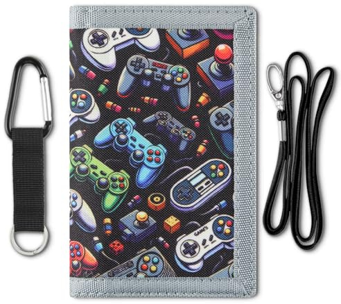 Kids Wallet for Boys with Lanyard, Little Boys Wallet for Kids Ages 4-5-6-7-8-9-10-12, Game Gamer Gaming Youth Wallets with Strap, Tri Fold Child Childrens Neck Wallets for Birthday Christmas Gift