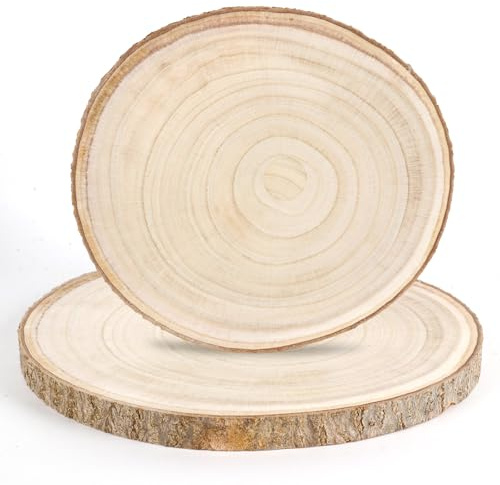 Dwitkul 2 Piezas Rodajas de Madera 28-30 cm Disco Tronco de Arbol Decoracion 20 mm de Grosor Círculos de Madera con Corteza Naturales sin Terminar para Manualidades, Posavasos, Adornos del Hogar