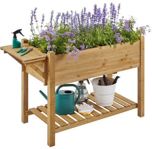 Yaheetech Fioriera/Aiuola Rialzata Orto Balcone da Esterno Giardino Alta in Legno Naturale Lettino per Piante Giardino con Ripiano Pieghevole e Griglia 123,5 x 54 x 80 cm Marrone Chiaro