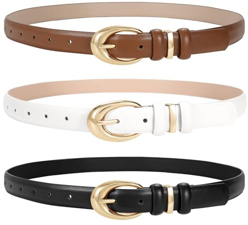 JASGOOD 3 Pack Women Leather Belt for Jeans Pants Fashion Ladies Faux Leather Belt with Gold Buckle