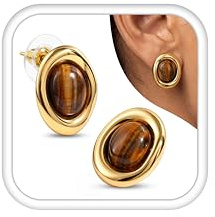 Dochais Boucles d'Oreilles Femme Or Chunky Hypoallergéniques Boucles d'Oreilles Oeil de Tigre Pierres Naturelles Grosse Vintage Boucle d'Oreille Plaqué Or 14 Carats Fantaisie Bijoux Cadeau