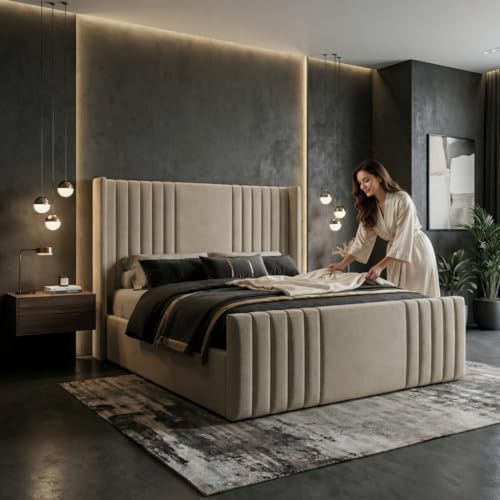 HAWTHORNE & HUSH Mayfair Upholstered Ottoman Bed Frame, Luxury Vertical Panel Headboard & Footboard, Wooden Slats, Modern Storage Bed Base, Plush Fabric No Mattress (Bistra Beige, 3FT Single)