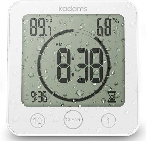 KADAMS Horloge numérique pour Salle de Bain Douche Cuisine avec Alarme, étanche pour Les éclaboussures d'eau, Compte à rebours visuel, Outil de Gestion du Temps, température intérieure, humidité,