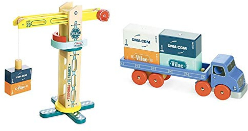 Vilac - 2357 - Grue de Docker rotative et dotée & 2358 - Camion - Jouet en Bois avec Embout magnétique
