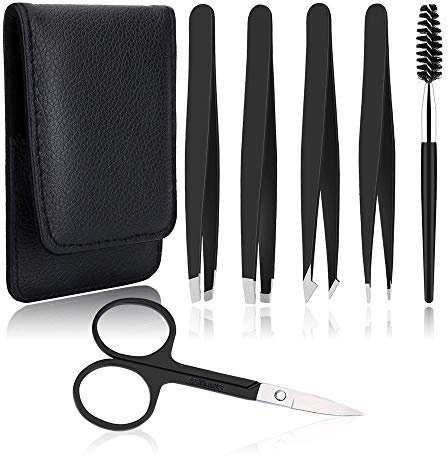 UUBAAR 6 PCS Professional Tweezers Set - Stainless Steel Precision Tweezer Kit for Eyebrows, Facial Hair, Ingrown Hair & Splinter Removal with Travel Case (Black)