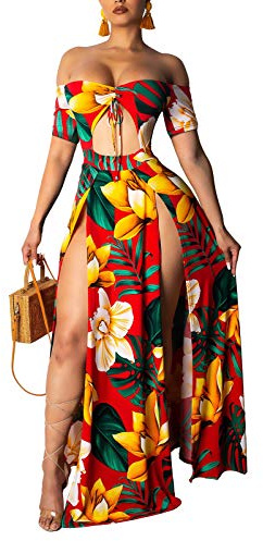 LKOUS Abito da spiaggia da donna, con stampa floreale, a maniche corte, maxi abito con spacco