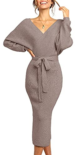 Chang Yun Women's Long Maxi Sweater Dresses Sexy Wrap Batwing V Neck Slit Open Back Holiday Bodycon Dress with Belt