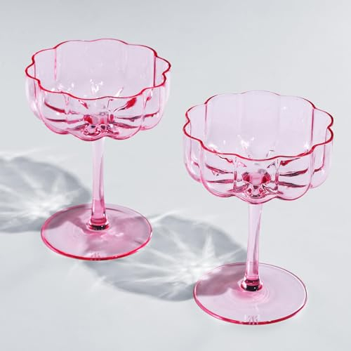 Khen Cocktail-Set mit gewellten Blütenblättern, 200 ml, buntes Cocktail-Set, geriffelte und Champagnergläser, Prosecco, Martini, Mimose, Cocktail-Set, Bar, Copyright & Patent angemeldet (Pink)
