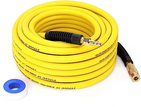 FYPower Hybrid Air Compressor Hose 3/8 in x 50 ft, Heavy Duty, Lightweight, Flexible and Kink Resistant Compressor Hose with 1/4 Industrial Brass Fittings, Yellow