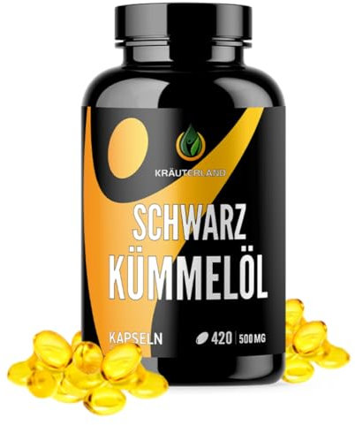 Kräuterland Schwarzkümmelöl Kapseln 420 Stück, hochdosiert (1000mg pro Tagesdosis), 100% Nigella Sativa, Omega Fettsäuren, ohne Zusatzstoffe, hoher Thymochinon, Deutsche Premium Qualität