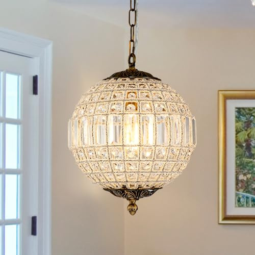 HUOKU Antique Crystal Globe Chandelier, 11.8 Vintage Small Sphere Chandelier Crystal Pendant Light Fixture for Foyer Dining Room Kitchen Island Bronze