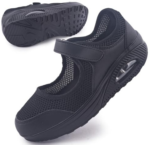 Git-up Damen Walking Schuhe mit Klettverschluss Atmungsaktives Vermascht Krankenschwester Schuhe Leichtes Memory Schaum Luftkissen Sneaker, Schwarz 41.