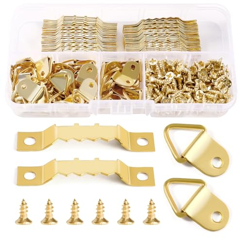 YIXISI 100 Pezzi Ganci Cornici Quadri Set, Ganci a Dente di Sega, Triangolo Anello Gancio, Ganci Appendi Quadri, con 150 Pezzi Viti, per Foto Pitture, Decorazione Della Casa, Dorato