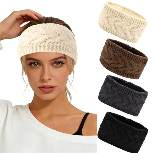 Norbiariz 4PCS Winter Knitted Headbands, Ear Muffs for Women, Thickened Cable Knit Ear Warmers for Cold Weather, Outdoor Sports and Daily Styling