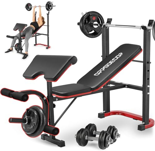 OPPSDECOR Adjustable Weight Bench with Leg Extension, Leg Curl & Preacher Curl, Foldable Workout Bench Set with Rack for Home Gym Full Body Strength Training