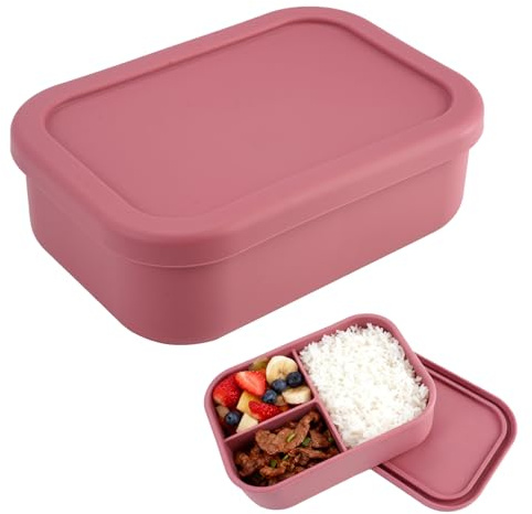 Lunchlåda i silikon, 700 ml lunchlåda silikon, läckagesäker stötsäker, BPA-fri matlåda, mikrovågsugnssäker, matlåda, 3 fack för skola kontor picknick, diskmaskinssäker och mikrovågsugnssäker (rosa)
