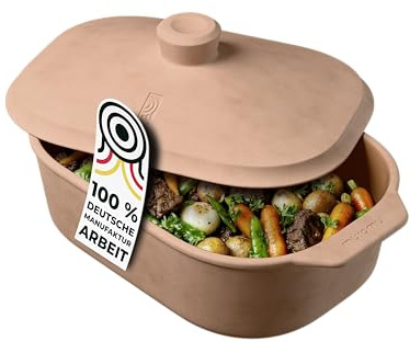 myromy® Bräter, Schmortopf & Brotbackform aus Keramik Natur-Ton: Bratentopf, Dampfgarer & Backform, Dutch Oven für Brot, Braten, Aufläufe & Eintopf – für Backofen, Grill & Feuer - Handmade in Germany
