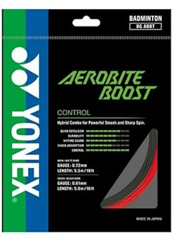 YONEX Aerobite Boost Badminton Hybrid String, Max Control & Spin, Main 0.72mm 21GA 5.5m 18 feet, Cross 0.61mm 22GA 5.0m 16 ft, Choice of Colors (Gray/Red)