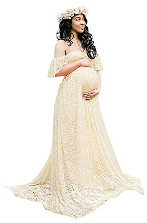 Generico Vestiti Premaman Eleganti Fotografia Abito Lungo con Spalla Abito da Donna Maxi Pizzo maternità off Prop per maternità Incinta (Beige, L)