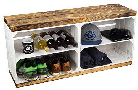 Schuhregal mit Sitzbank aus Obstkisten und massiven Holzplanken Schuhablage Schuhkommode Schuhbank aus Holz Maße 100 x 29 x 45cm L x T x H (Sitzbank weiss flam Planke Brett weiss)