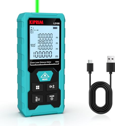 Kiprim LD100 Green Laser Distance Meter,328ft,Rechargeable,Electronic Level | Boasts high precision of ±1/16 inch; built-in electronic level assists horizontal and vertical measuring work