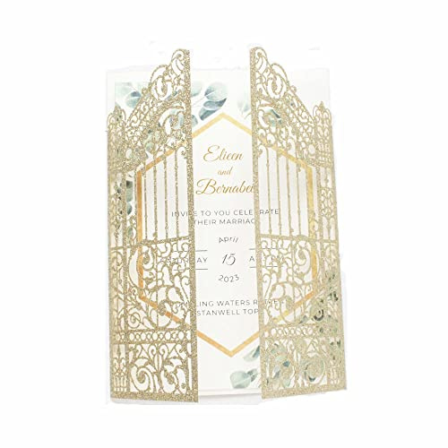 MillaSaw Glittery Gold Gate Laser Cut Invitation Card For Wedding Engagement Bridal Shower Quinceanera 25Pcs (4.9x7.1, Gold)