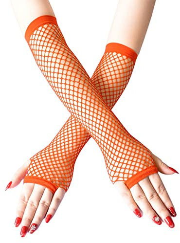 SamHeng Guanti lunghi a rete, Arancia scaldamuscoli senza dita Guanti per travestimenti in rete, Accessorio punk per travestimenti per donne, ragazze, bambini, anni '80, forniture per feste da sera