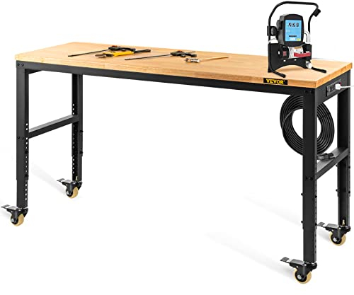 VEVOR Banco de Trabajo de Altura Ajustable 79-104 cm Banco para Taller Escritorio de Tablón de Roble 122x51 cm Marco de Acero Mesa de Trabajo con Ruedas Carga de 720 kg para Garajes Talleres Oficinas