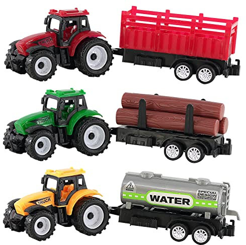 Farm Tractor and Trailer Set 3 Pieces Durable Plastic Farm Vehicle Toy Playset Tractor-Trailer Themed Fun