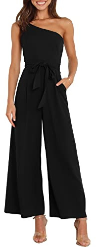 ANRABESS Women Summer Dressy Jumpsuits One Shoulder Sleeveless Casual Wide Leg Pants Romper Jumper 2026 Trendy Fall Outfits Black X-Large