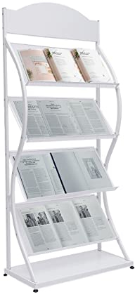 Wave Display Stand, 4 Pockets Magazine Rack, Newspaper Rack Display Racks Manual Book Rack Single Page Simple Iron - A4 Literature Floor Stand with Advertising Board (White)
