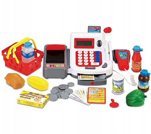 Spielkasse Linus mit Einkaufskorb und Zubehör für Kinder Kaufladen, Registrierkasse, Kreditkarten-Terminal abschließbare Schublade, Mikrofon, Spielgeld inklusive