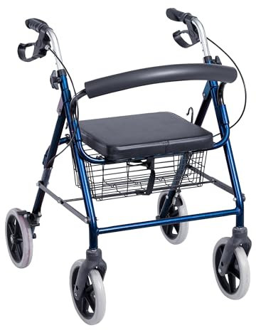 SPES - Deambulatore per Anziani Rollator Pieghevole in Alluminio Regolabile in Altezza - Rollator con Freni Bloccanti e Cestino Porta Oggetti - 4 Ruote - Colore Blu