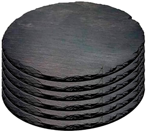 Tradineur - Pack de 6 Platos de Pizarra Redondo, Bandeja para hosteleria, Servicio y degustación, Canto rústico, Tabla de Piedra Natural para Servir Aperitivos - Ø 20 cm