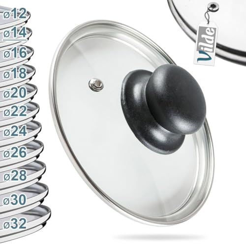 Vilde Glasdeckel mit Edelstahlring für Topf und Pfanne | Ø (14 cm) 14, 16, 18, 20, 22, 24, 26, 28, 30cm | 200°C hitzebeständiges Glas | Pfannendeckel Topfdeckel Universaldeckel