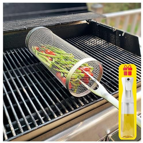 Wizvox Cesta para Parrilla De Barbaco, Ccesorios Barbacoa De Obra Asador Barbacoa, Adecuado para Pescado, Verduras, Camarones, Carne (Viene con Un Rociador De Aceite De 300ml),4pcs