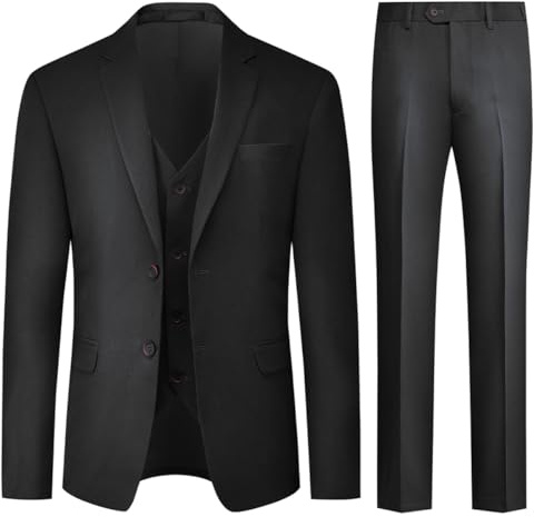 Allthemen Mens 3 Piece Stretch Business Suits 2 Button Classic Suit Blazer Waistcoat Trousers Black L