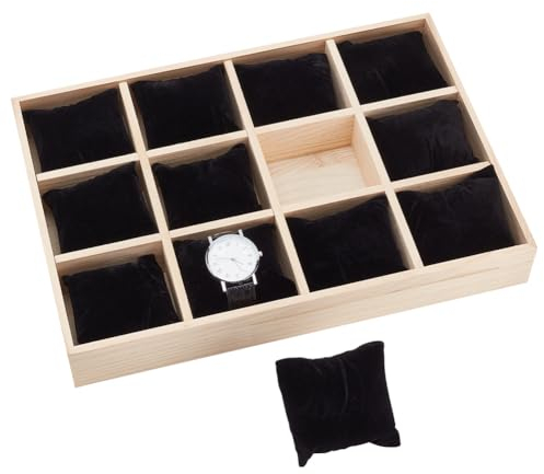 PH PandaHall Vassoio Porta Orologi In Legno con 12 slot per Espositore per Orologi con Cuscini Rimovibili In Velluto, Vassoio Porta Bracciale per Vetrina Espositiva per Orologi Da Cassetto, Nero